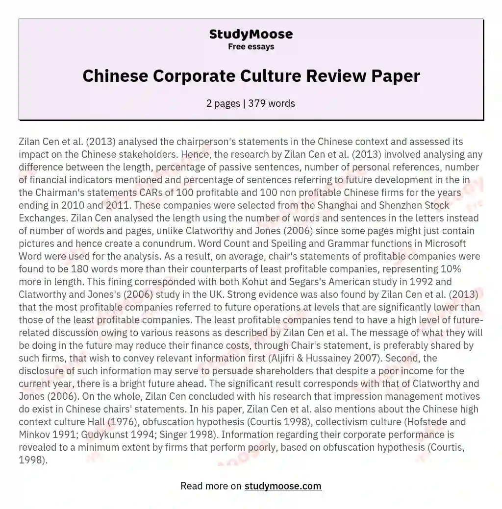 Chinese Corporate Culture Review Paper
