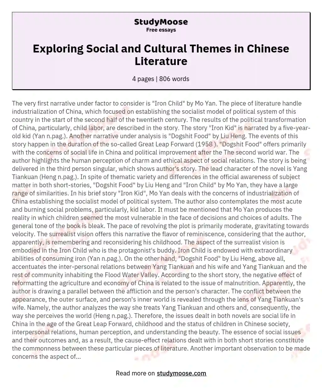 Exploring Social and Cultural Themes in Chinese Literature essay
