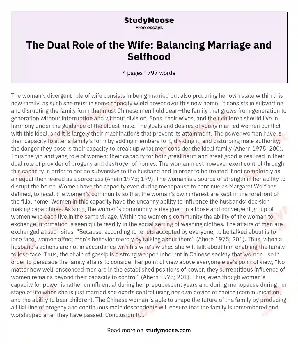 The Dual Role of the Wife: Balancing Marriage and Selfhood essay
