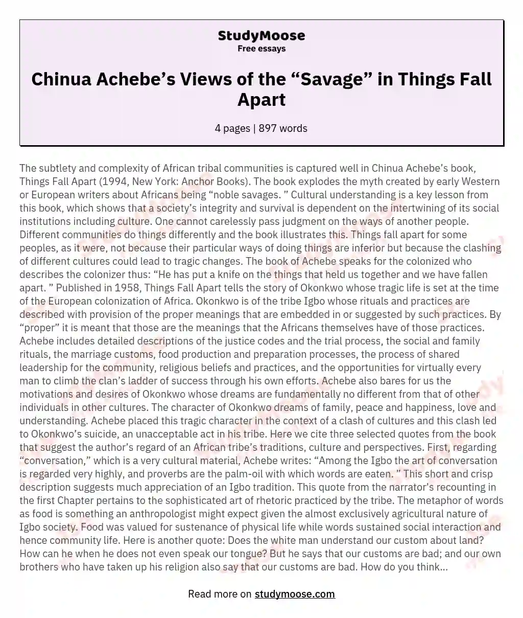 Chinua Achebe’s Views of the “Savage” in Things Fall Apart essay