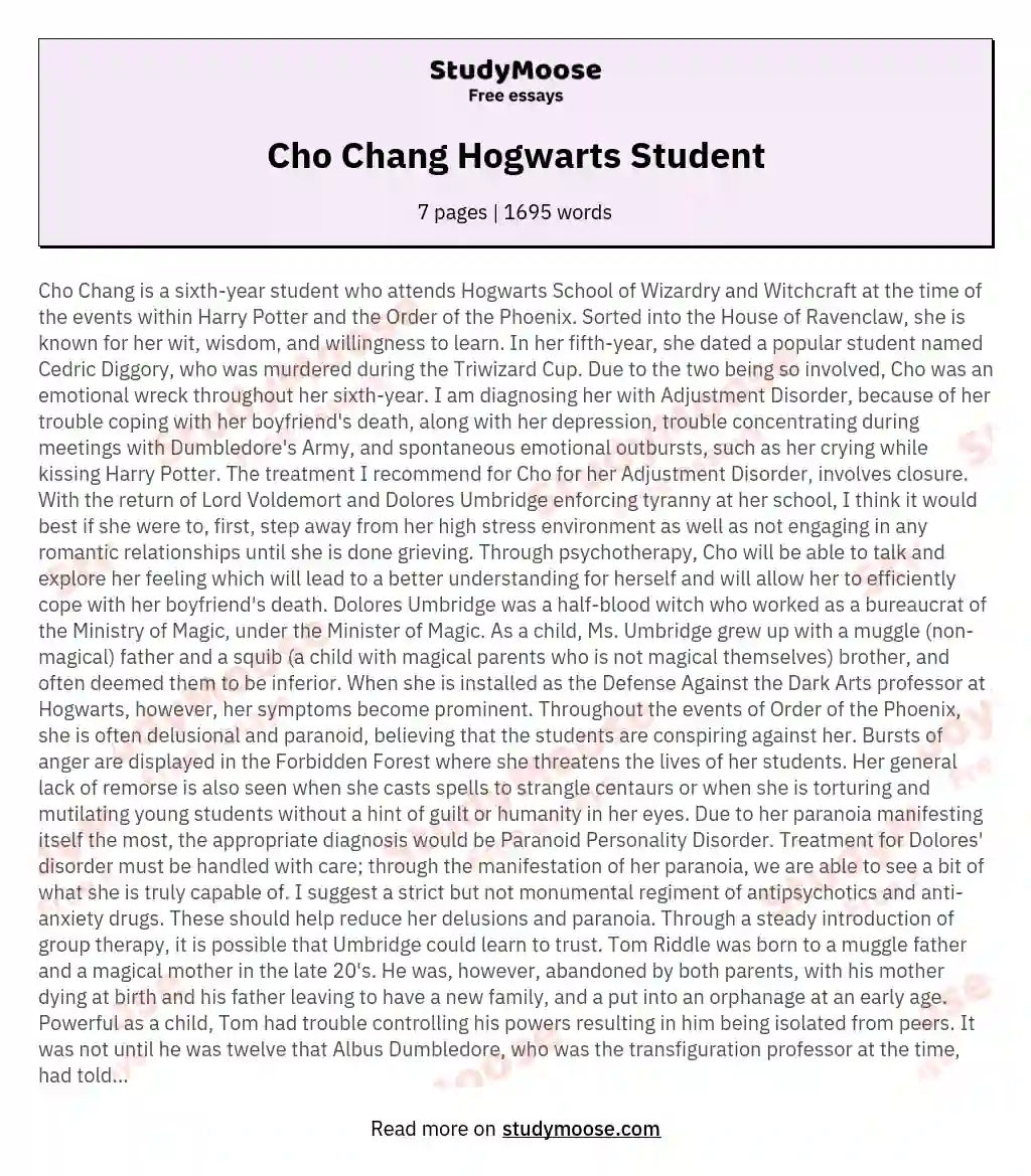 Cho Chang Hogwarts Student essay