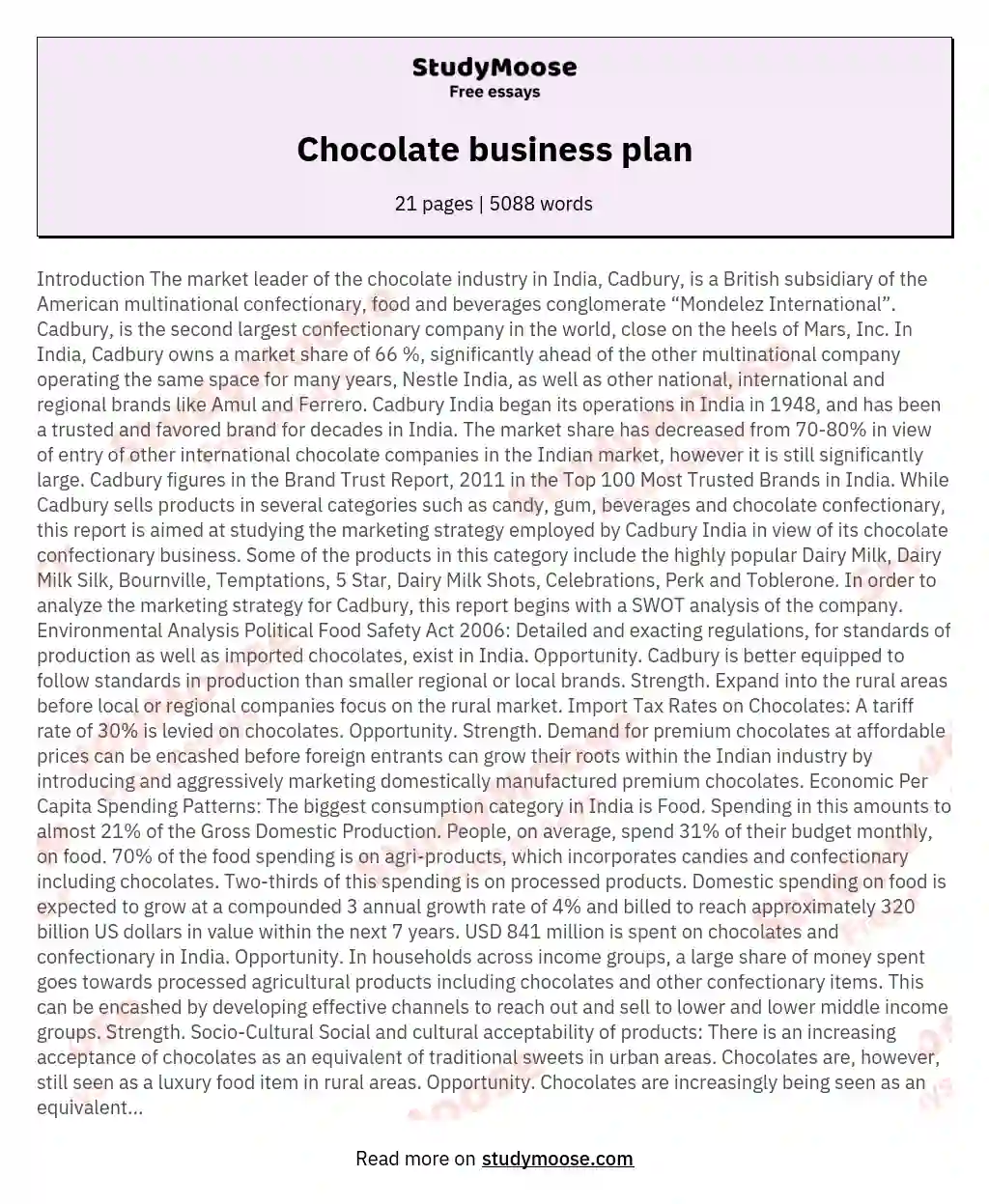 Chocolate business plan essay