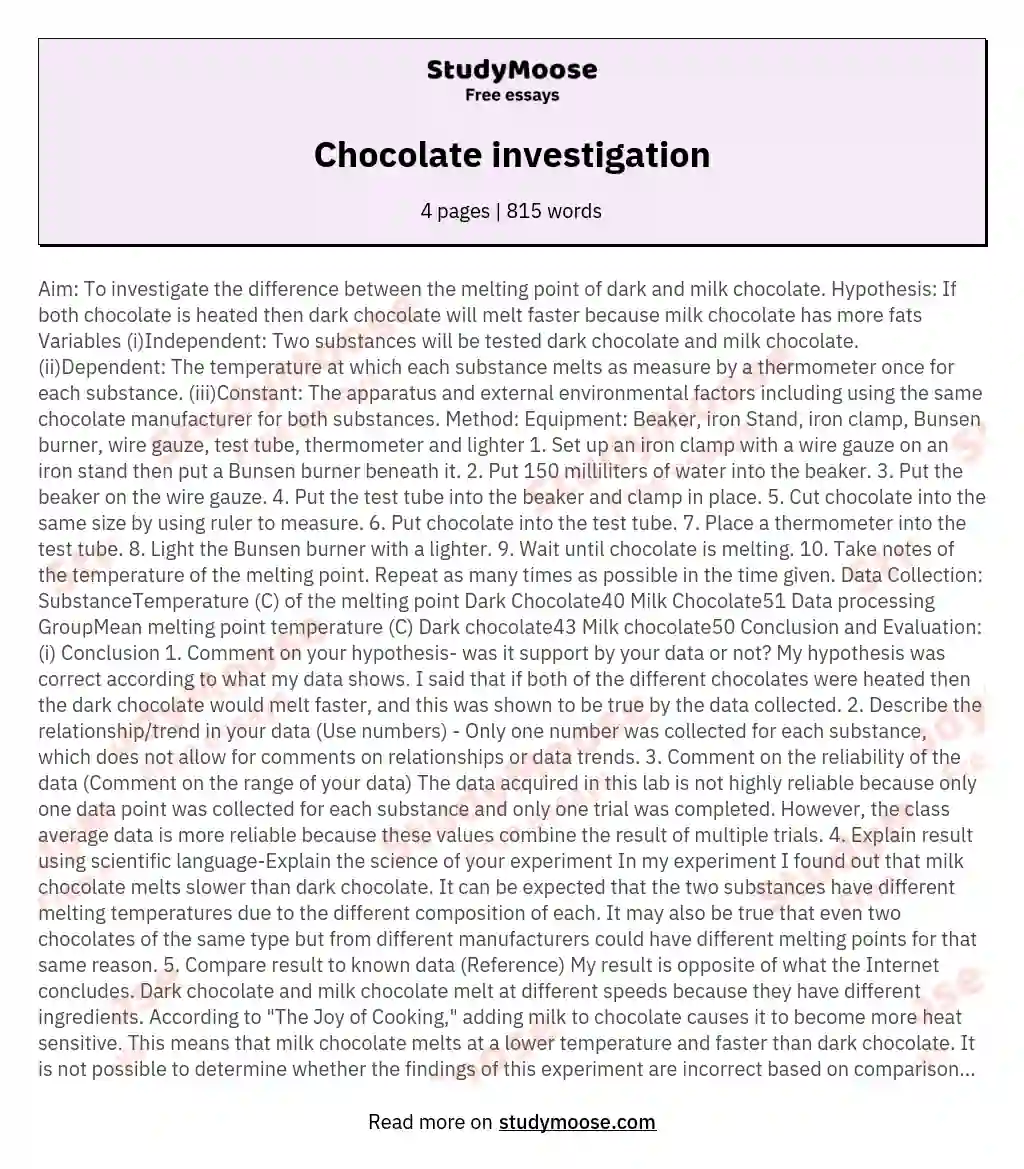 Chocolate investigation essay