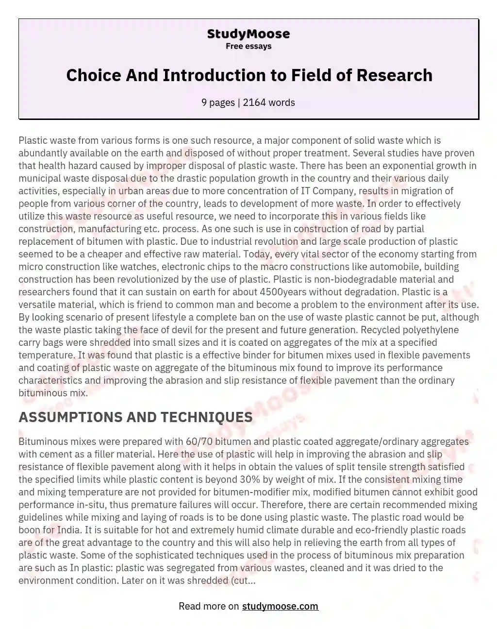 Choice And Introduction to Field of Research essay