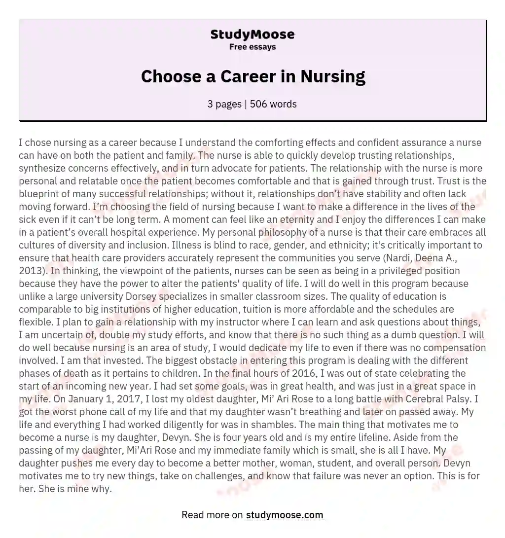 why did you choose nursing as a career essay