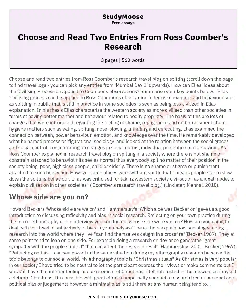 Choose and Read Two Entries From Ross Coomber's Research essay