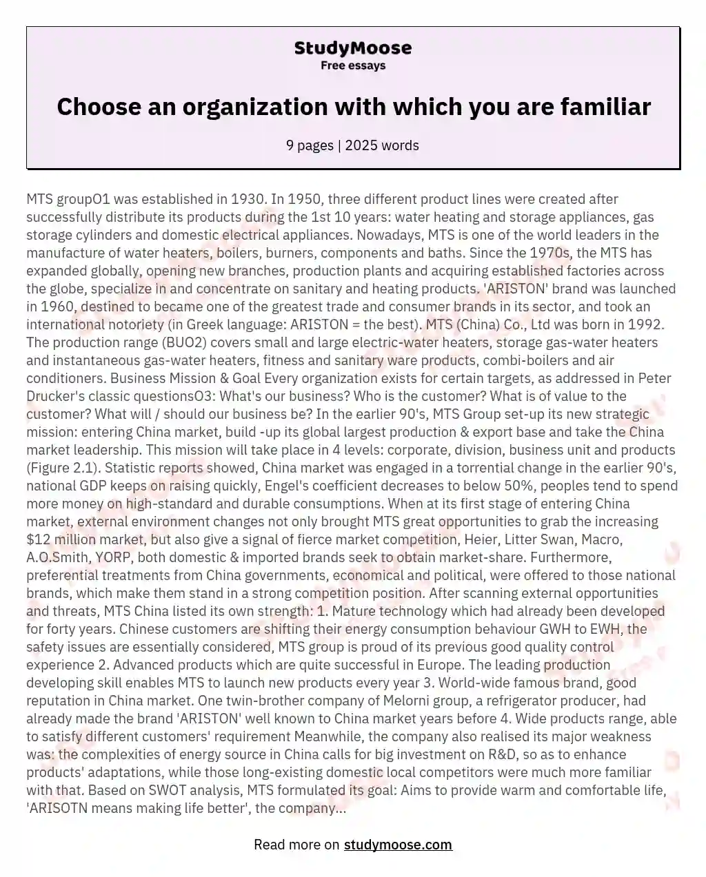 Choose an organization with which you are familiar essay