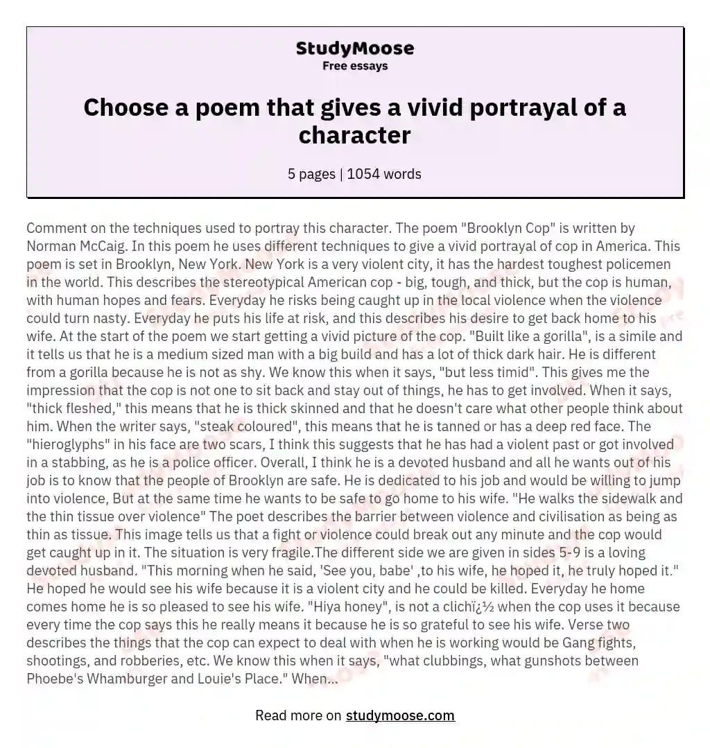 Choose a poem that gives a vivid portrayal of a character essay