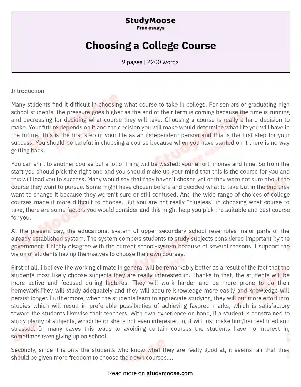 Choosing a College Course essay