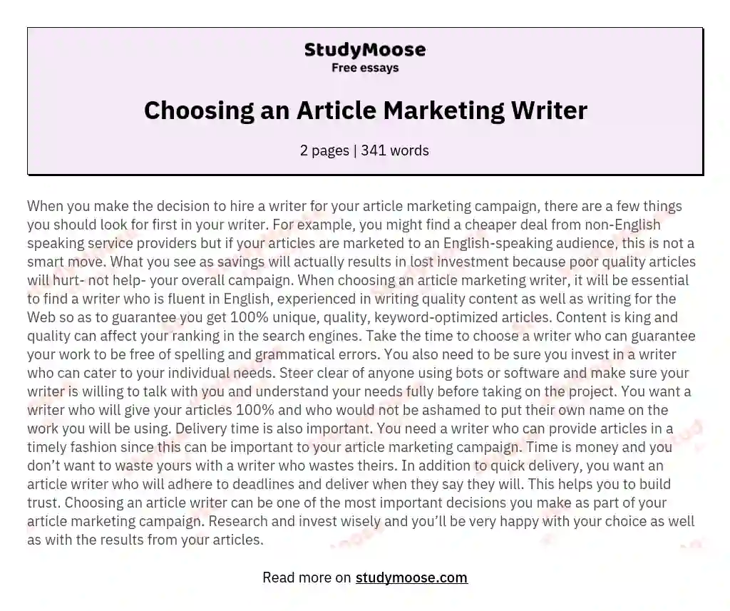 Choosing an Article Marketing Writer essay