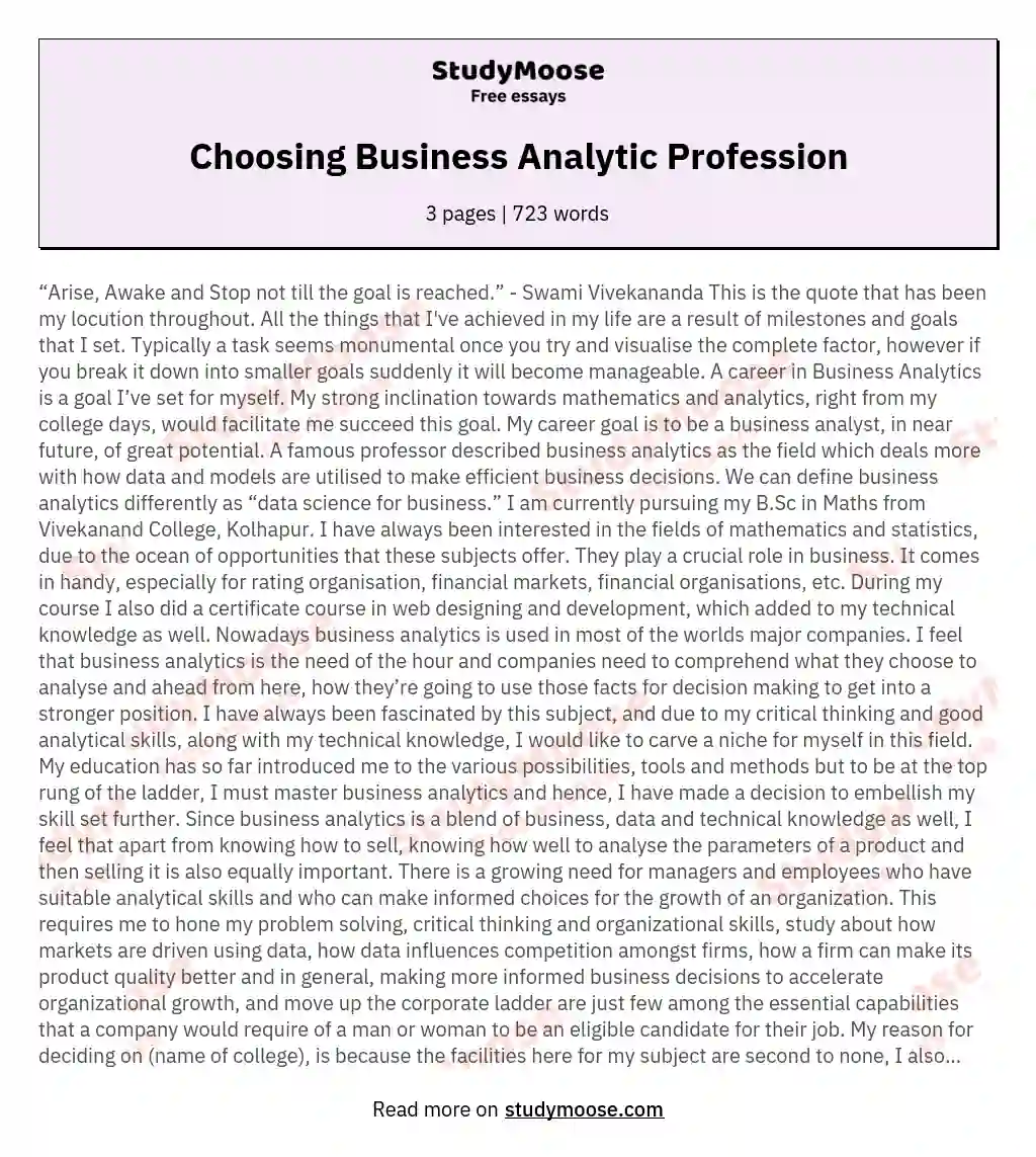 Choosing Business Analytic Profession essay