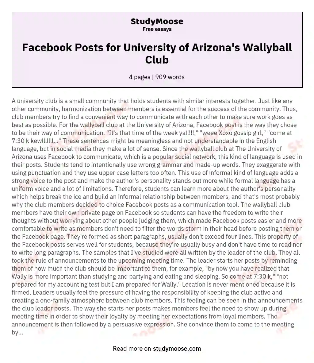 Facebook Posts for University of Arizona's Wallyball Club essay