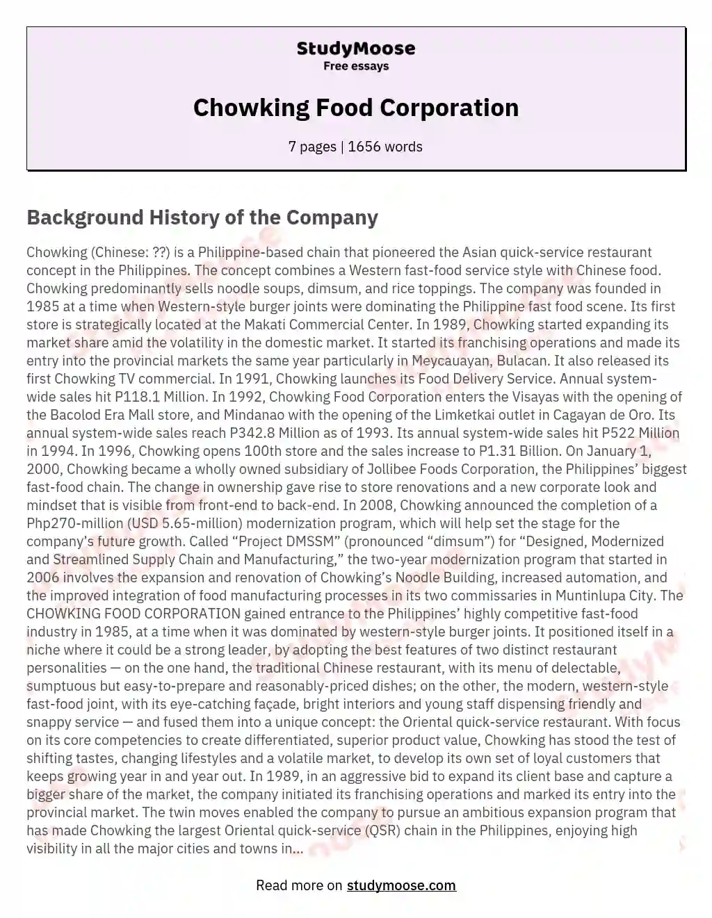 Chowking Food Corporation essay