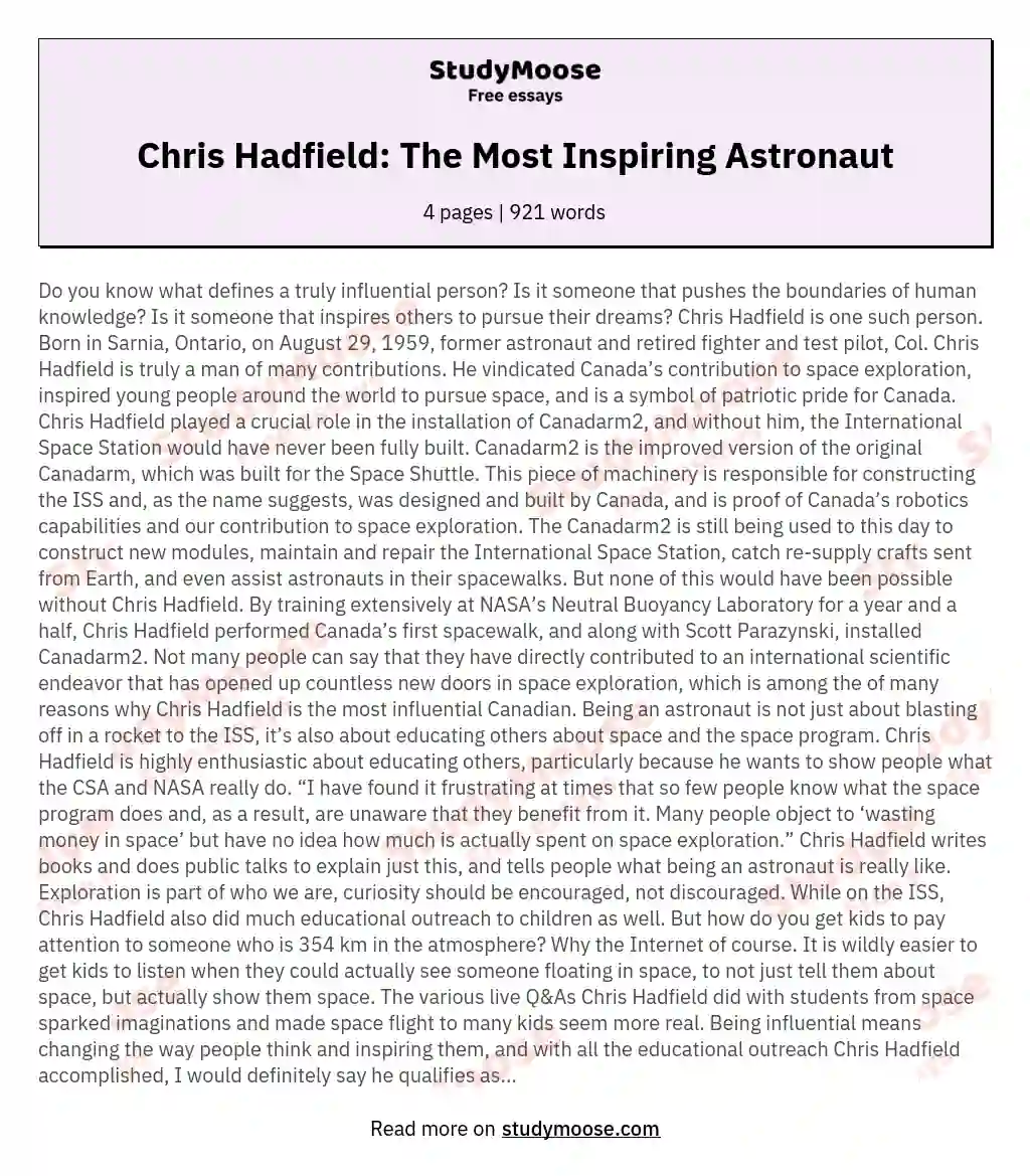 Chris Hadfield: The Most Inspiring Astronaut essay
