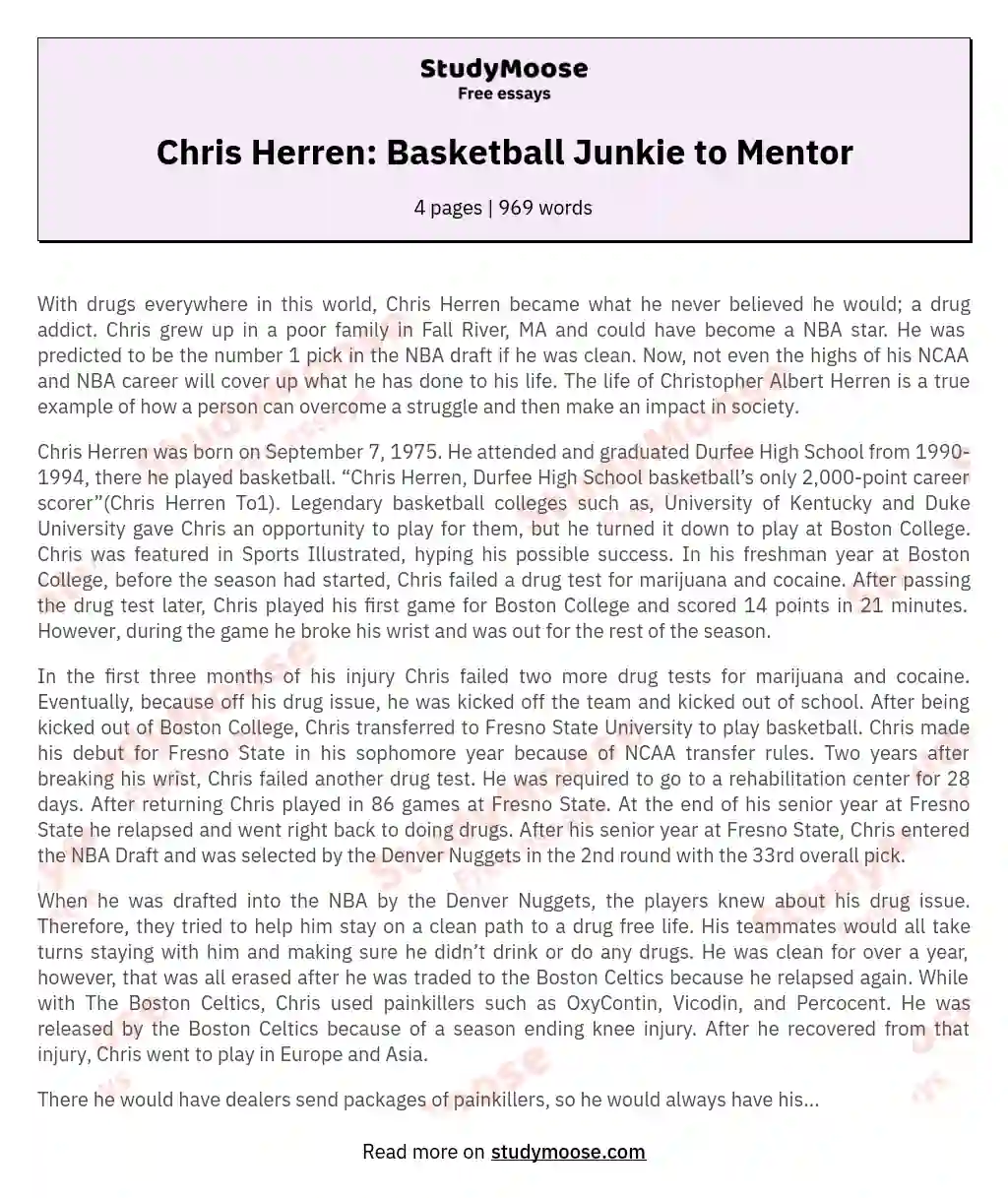 Chris Herren: Basketball Junkie to Mentor essay