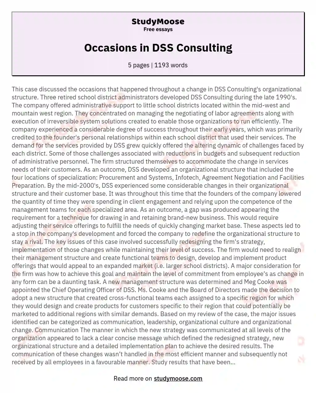 Occasions in DSS Consulting essay