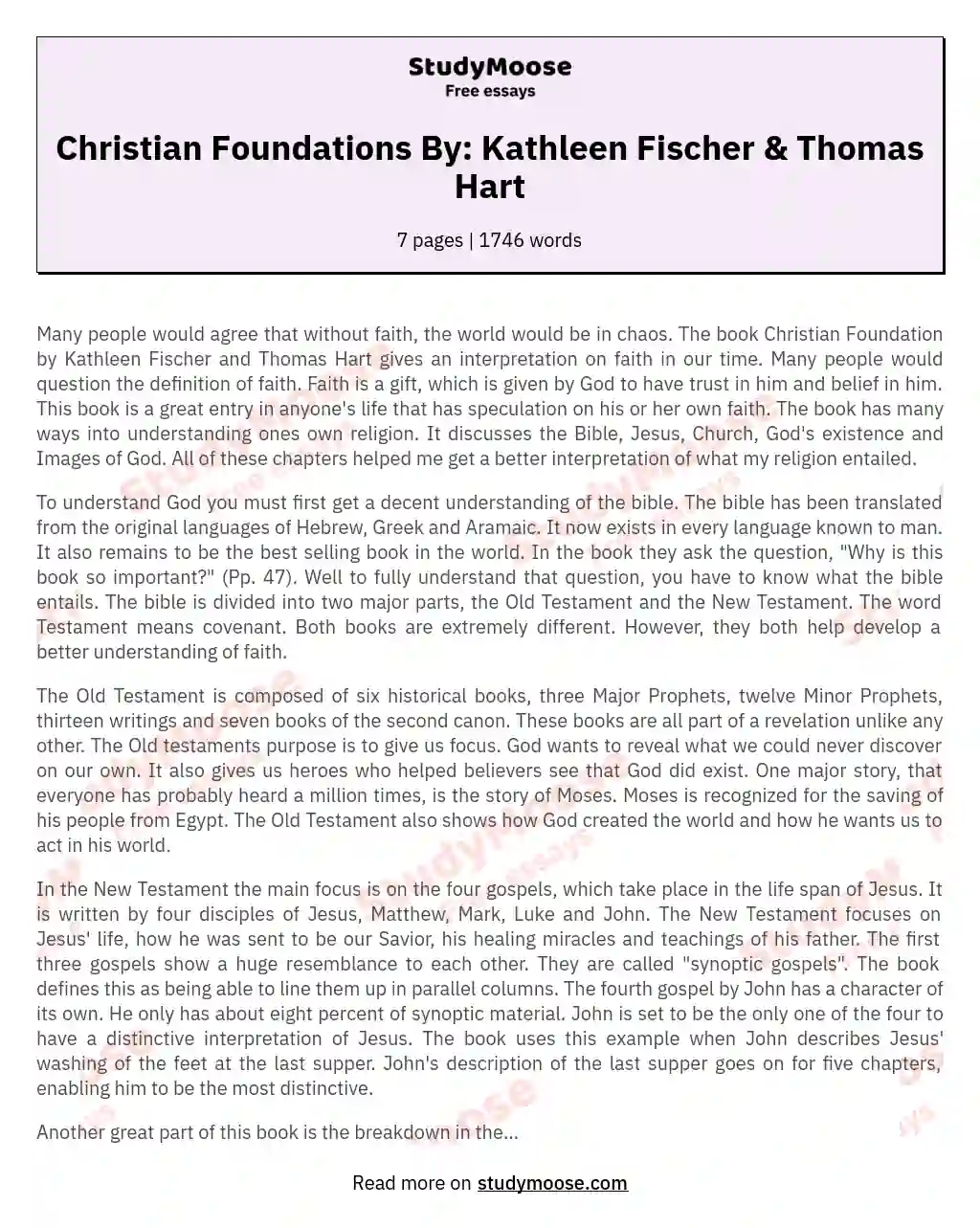 Christian Foundations By: Kathleen Fischer & Thomas Hart essay