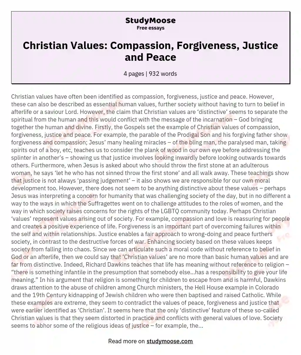 Christian Values: Compassion, Forgiveness, Justice and Peace essay