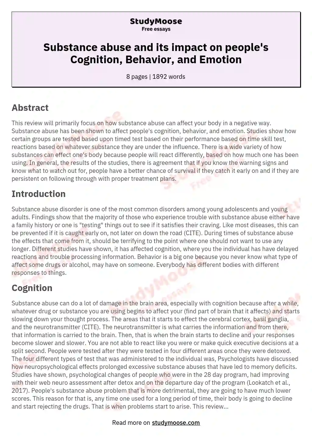 Substance abuse and its impact on people's Cognition, Behavior, and Emotion essay