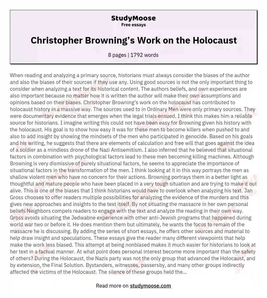 Christopher Browning’s Work on the Holocaust essay
