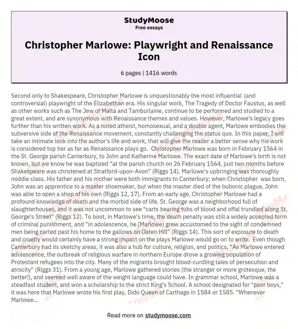 Christopher Marlowe: Playwright and Renaissance Icon essay