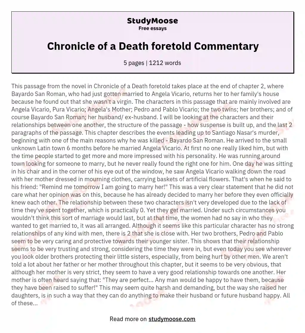 Chronicle of a Death foretold Commentary essay