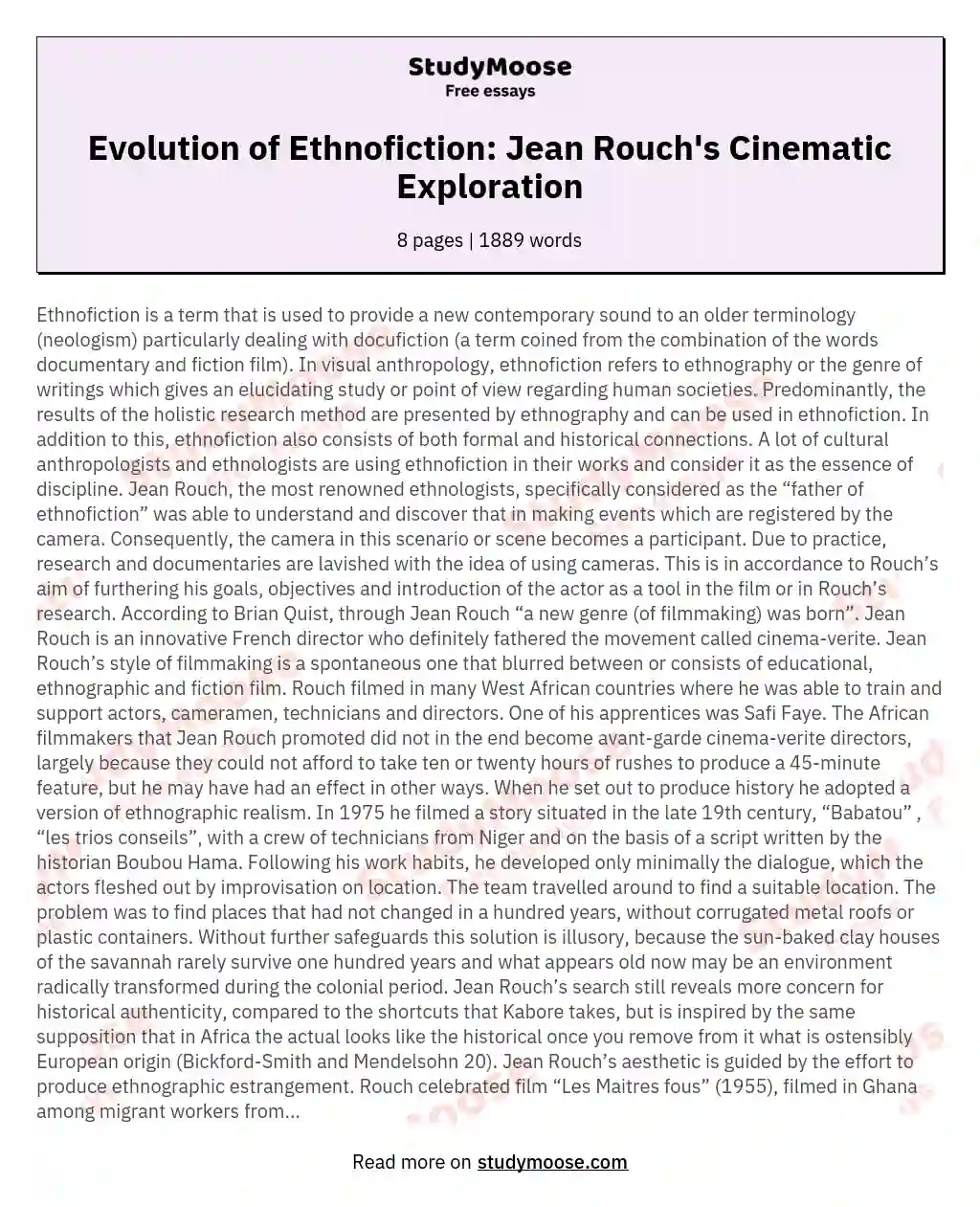 Evolution of Ethnofiction: Jean Rouch's Cinematic Exploration essay
