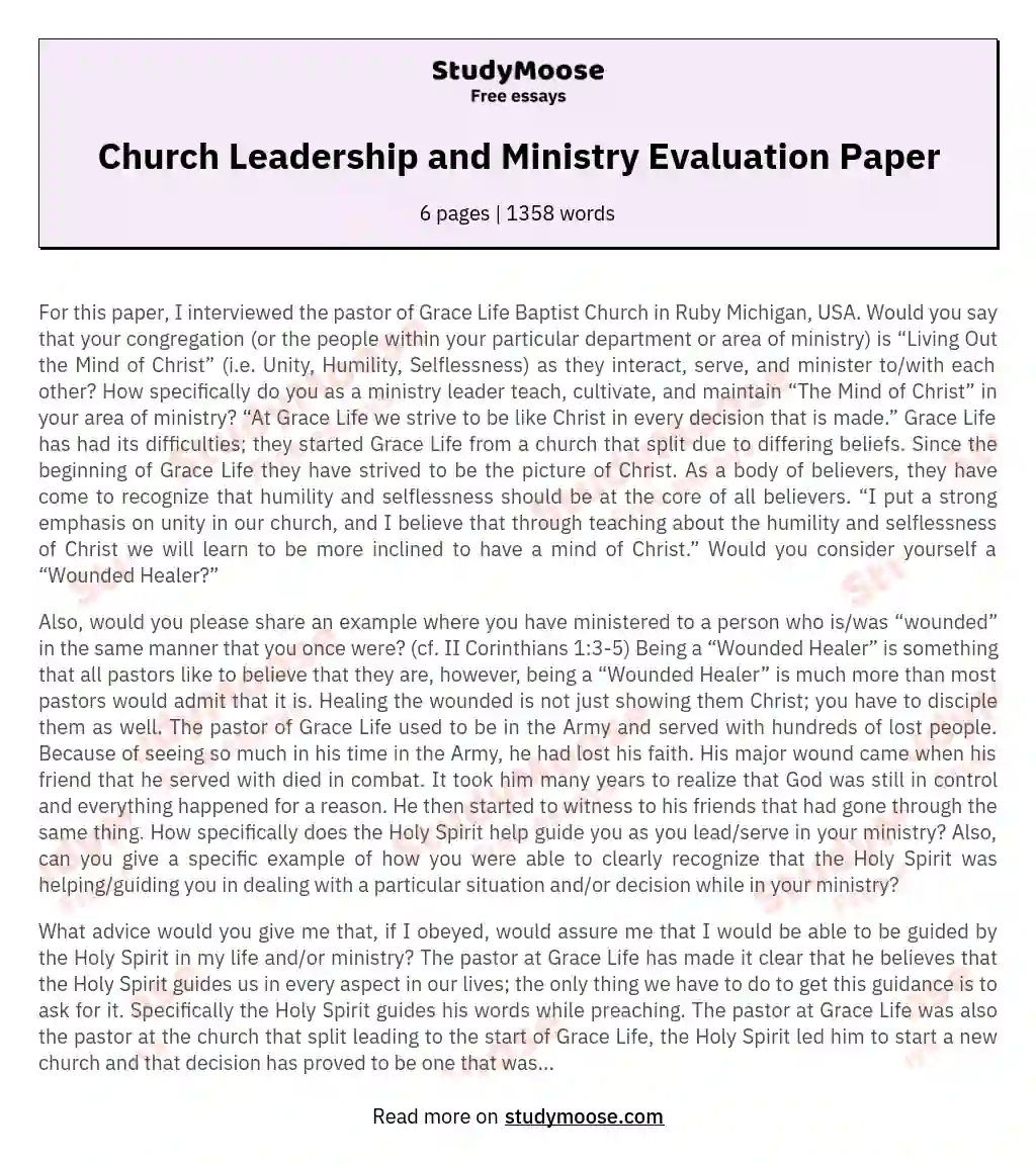Church Leadership and Ministry Evaluation Paper essay