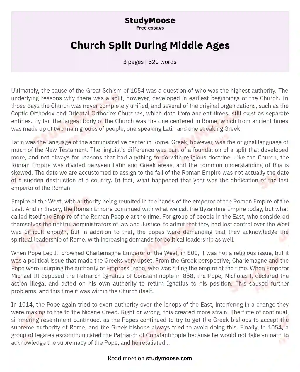Church Split During Middle Ages essay