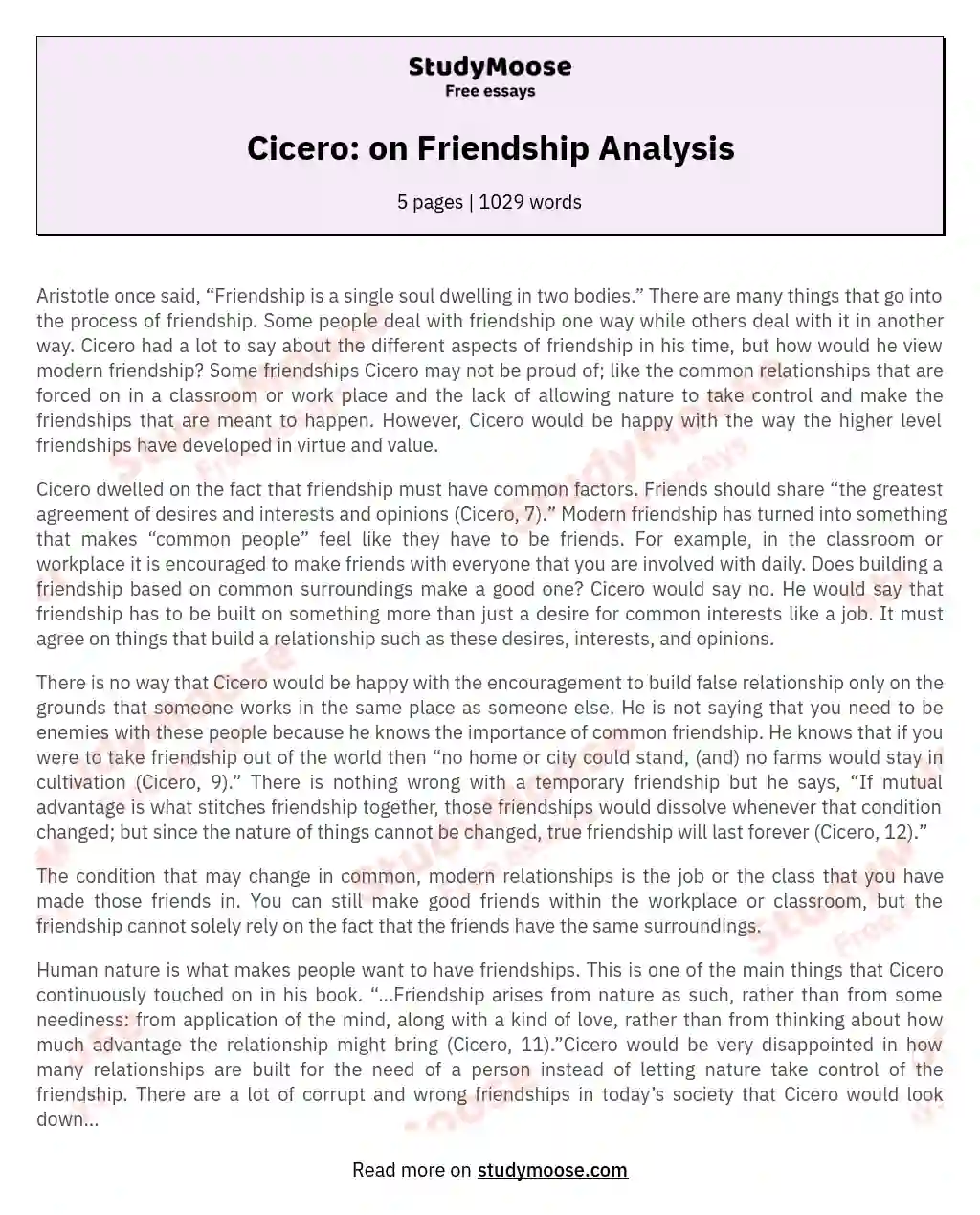 Cicero: on Friendship Analysis essay