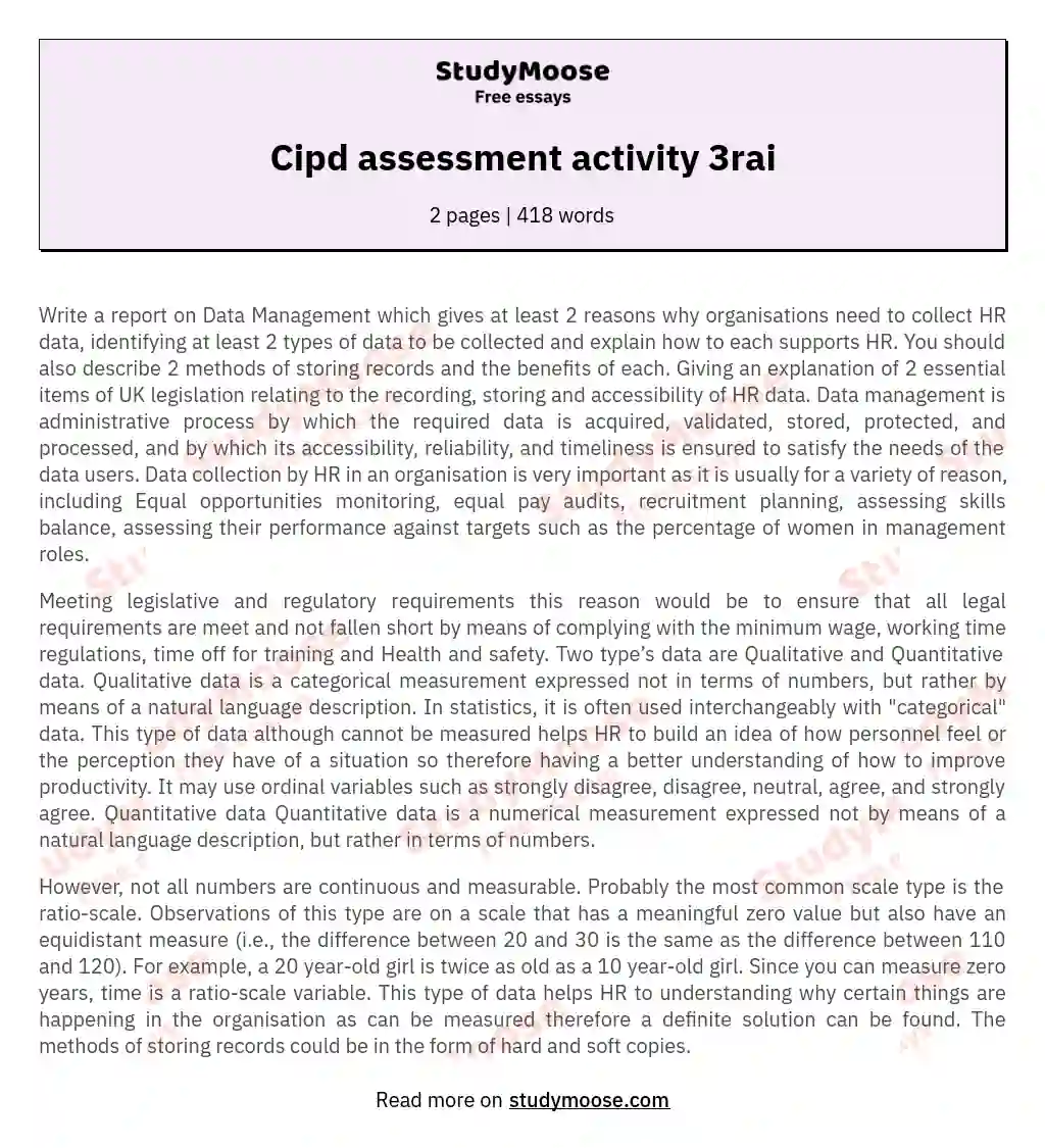 Cipd assessment activity 3rai essay