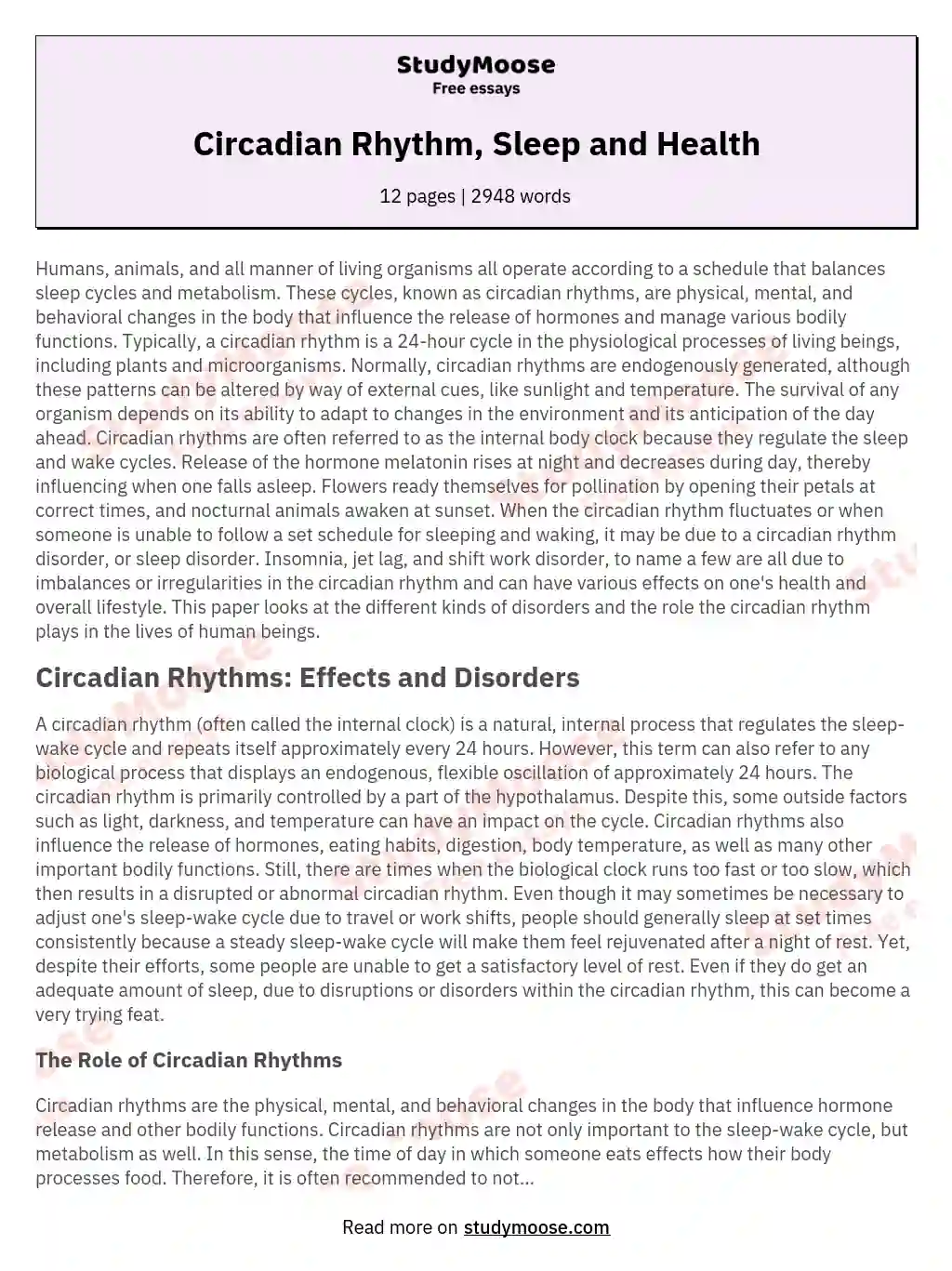 Circadian Rhythm, Sleep and Health essay