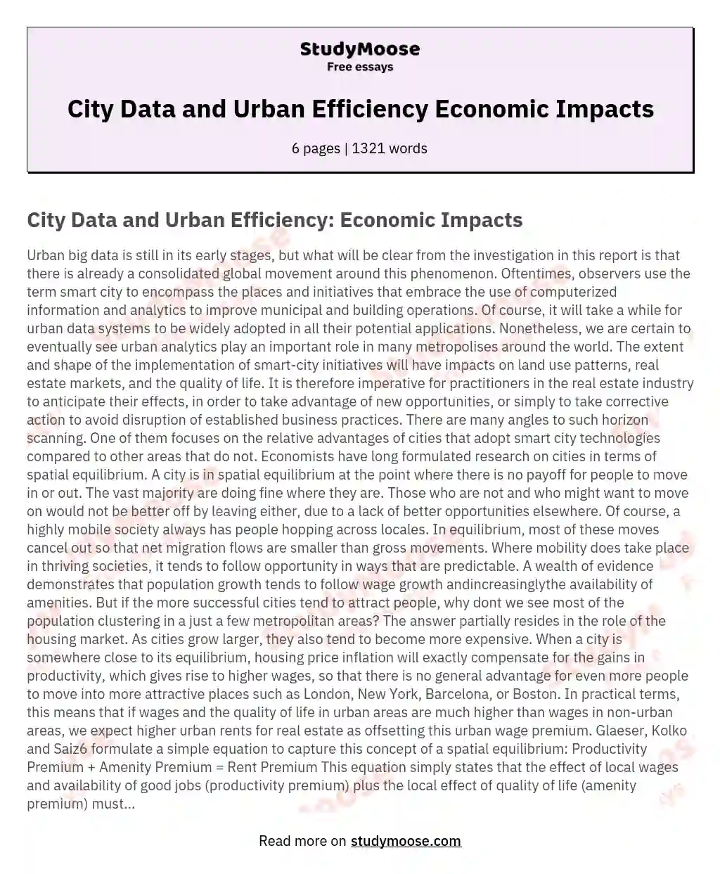 City Data and Urban Efficiency Economic Impacts essay