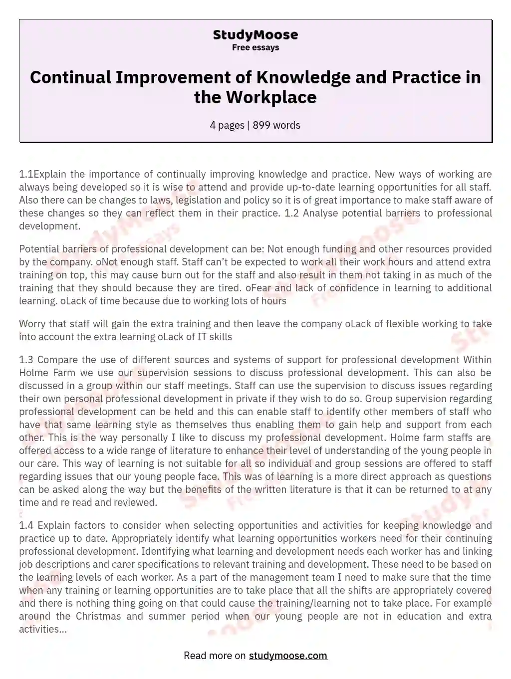 Continual Improvement of Knowledge and Practice in the Workplace essay