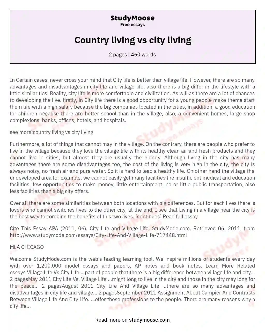 Country living vs city living essay