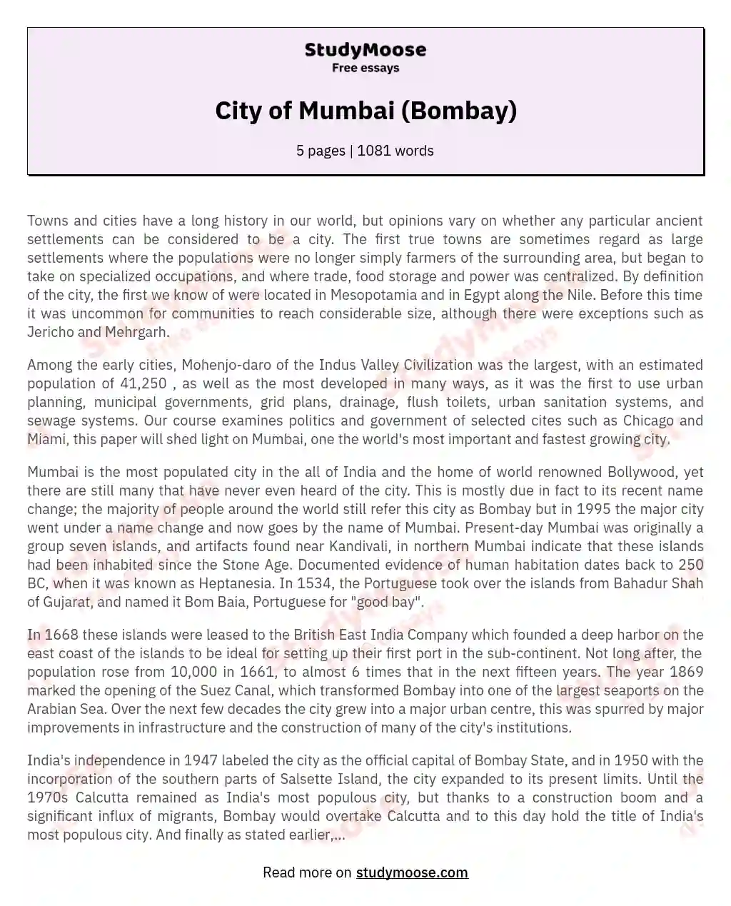 City of Mumbai (Bombay) essay