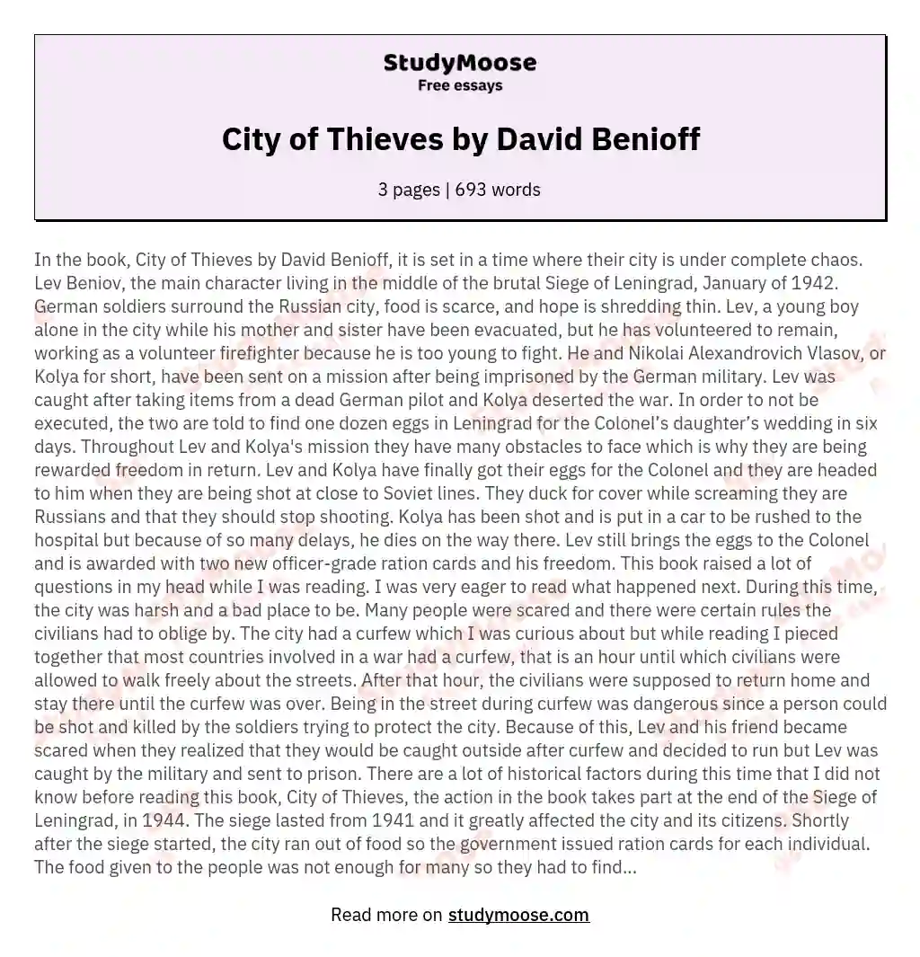 City of Thieves by David Benioff essay