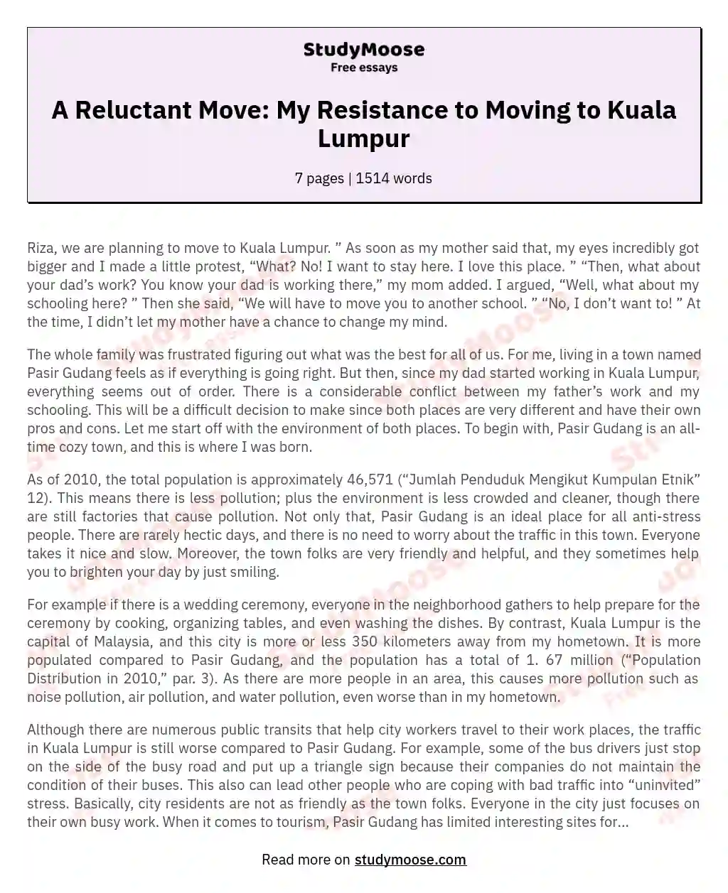 A Reluctant Move: My Resistance to Moving to Kuala Lumpur essay
