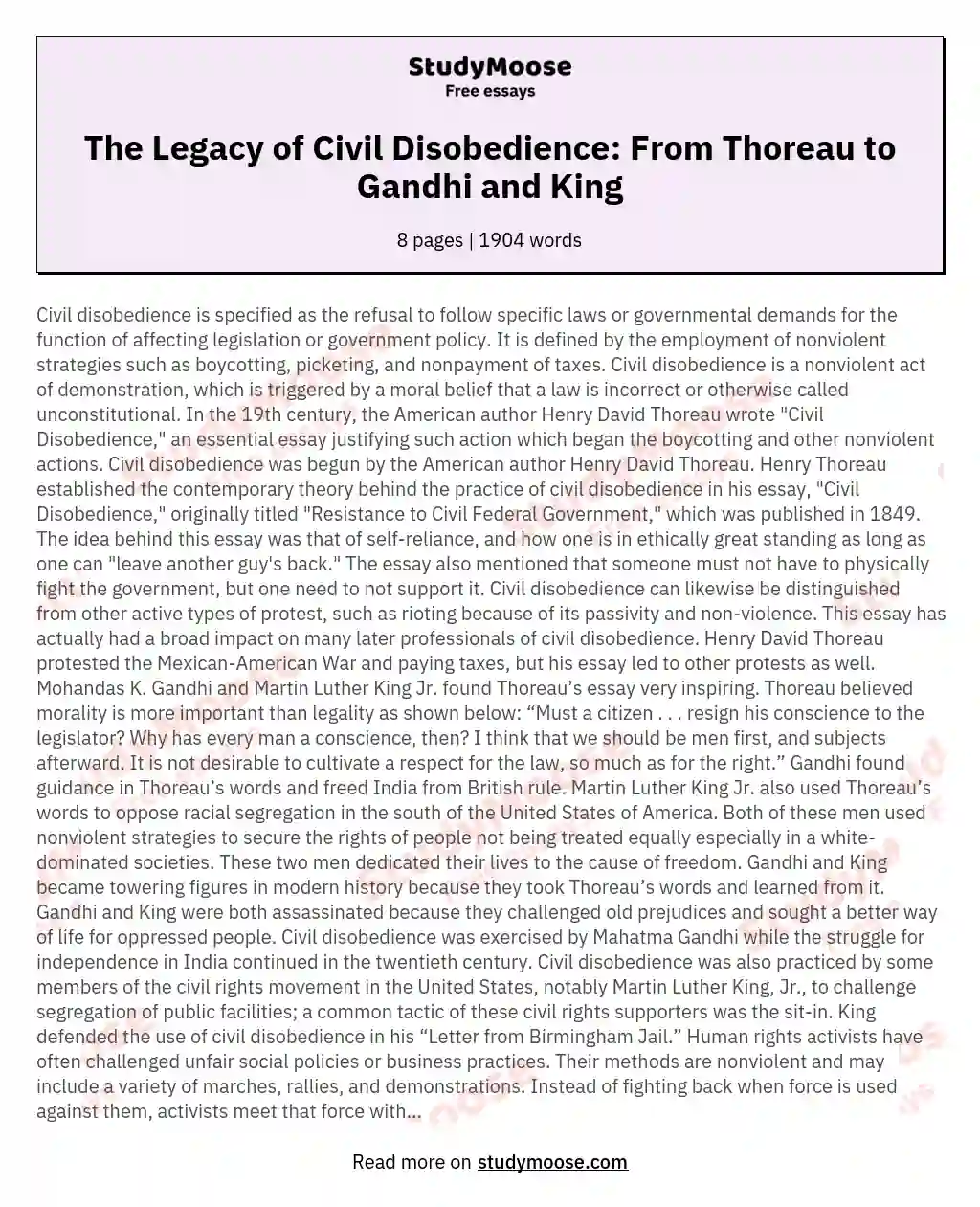 The Legacy of Civil Disobedience: From Thoreau to Gandhi and King essay