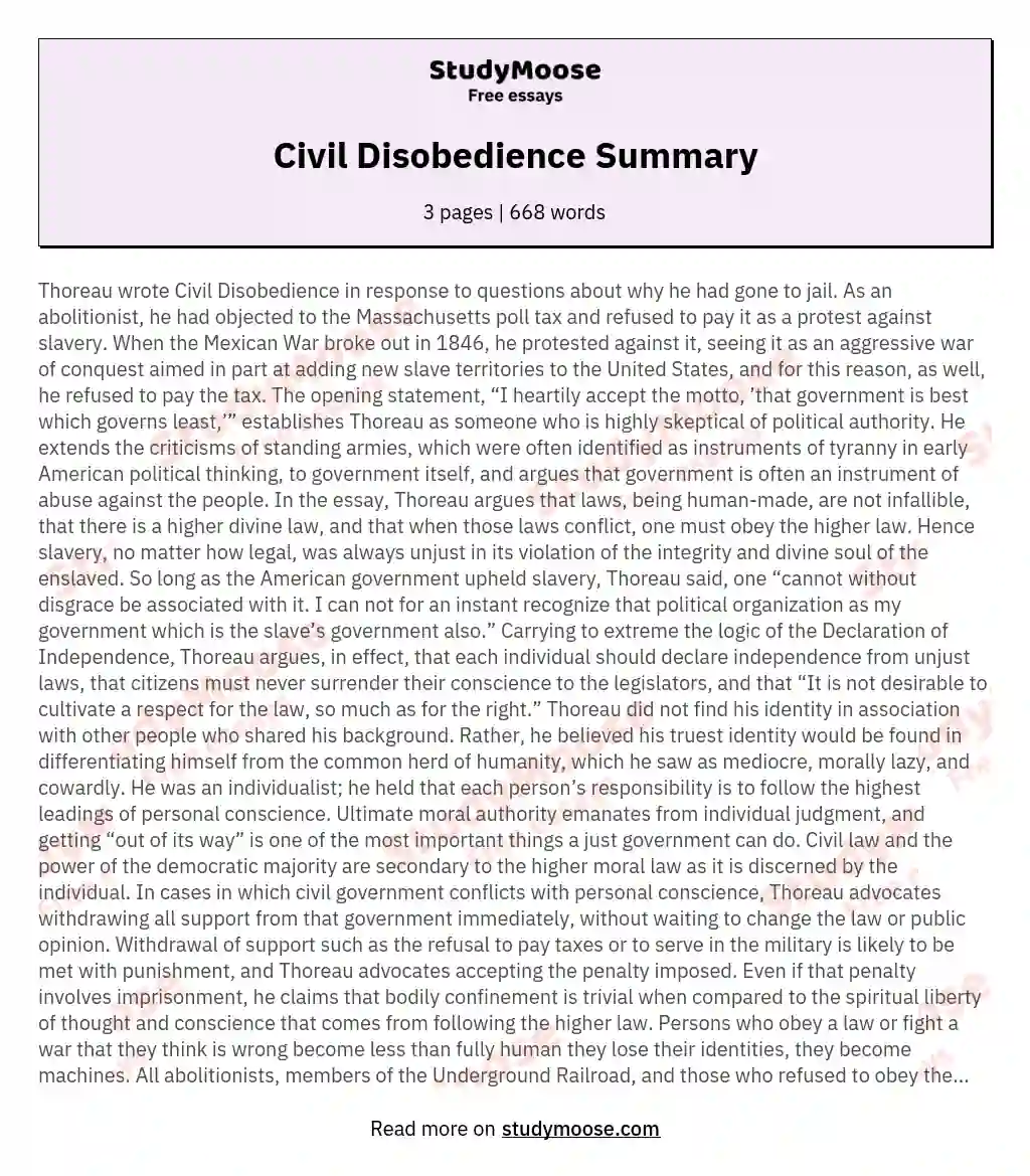 Civil Disobedience Summary essay