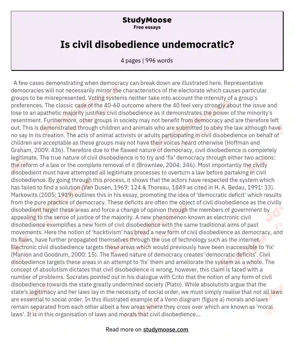 Is civil disobedience undemocratic? essay