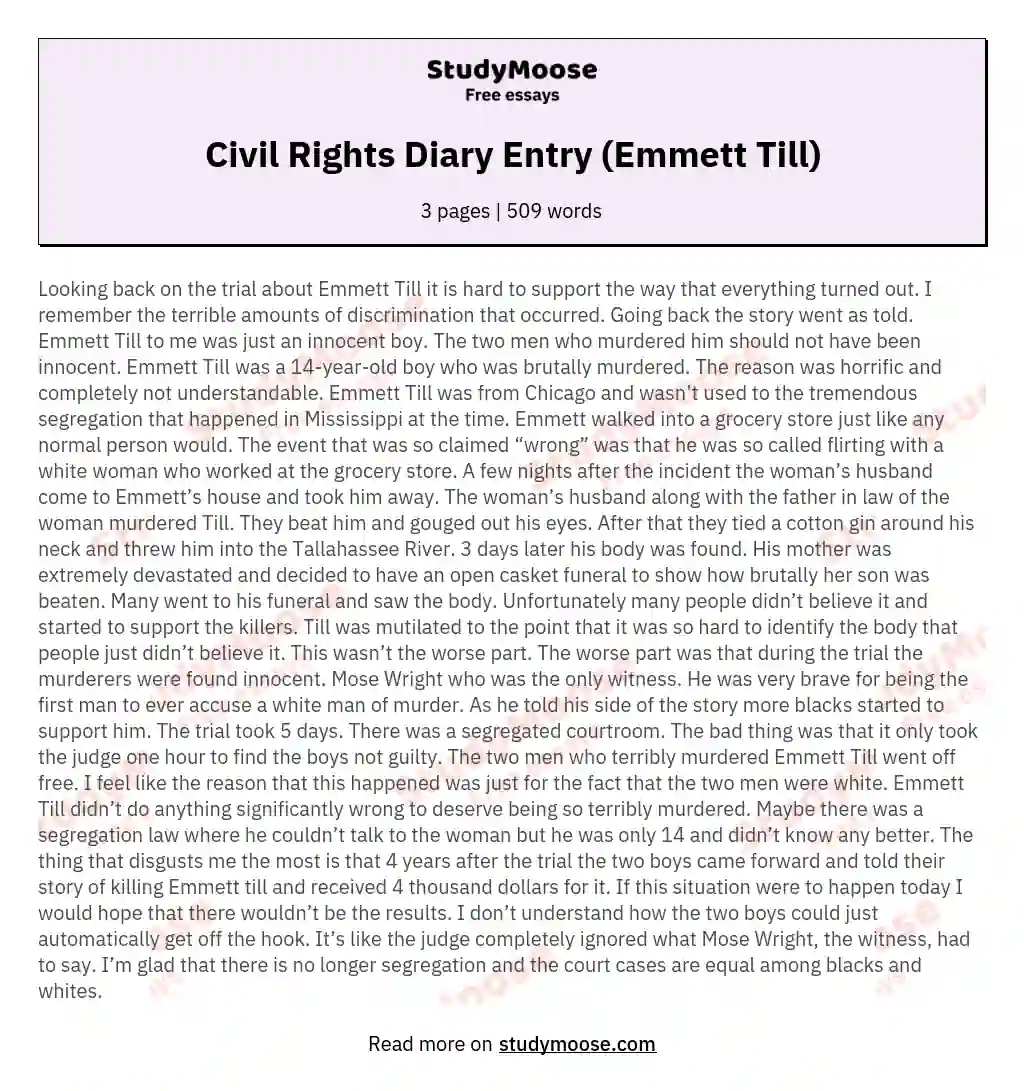 Civil Rights Diary Entry (Emmett Till) essay