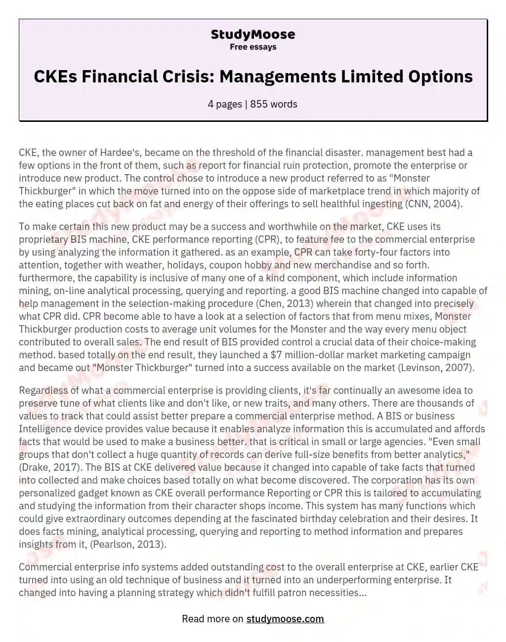 CKEs Financial Crisis: Managements Limited Options essay