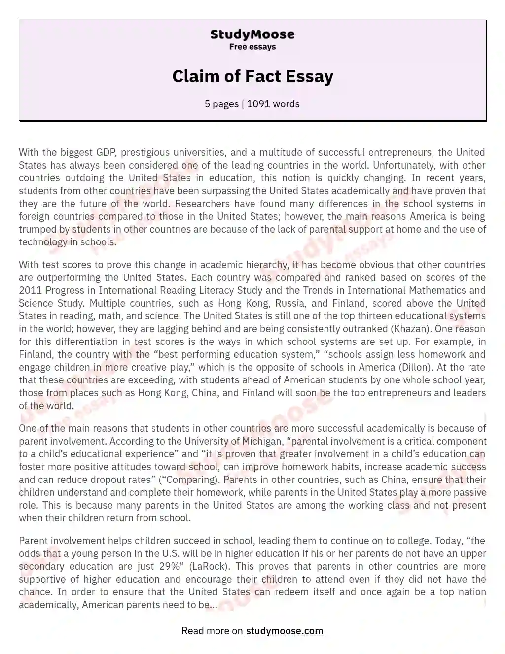 claim of fact essay meaning