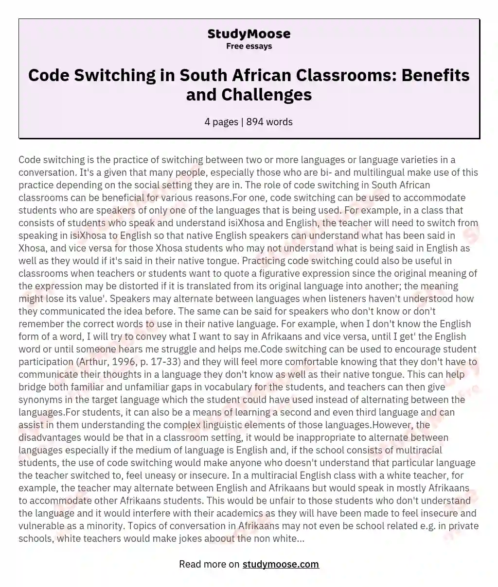 Code Switching in South African Classrooms: Benefits and Challenges essay