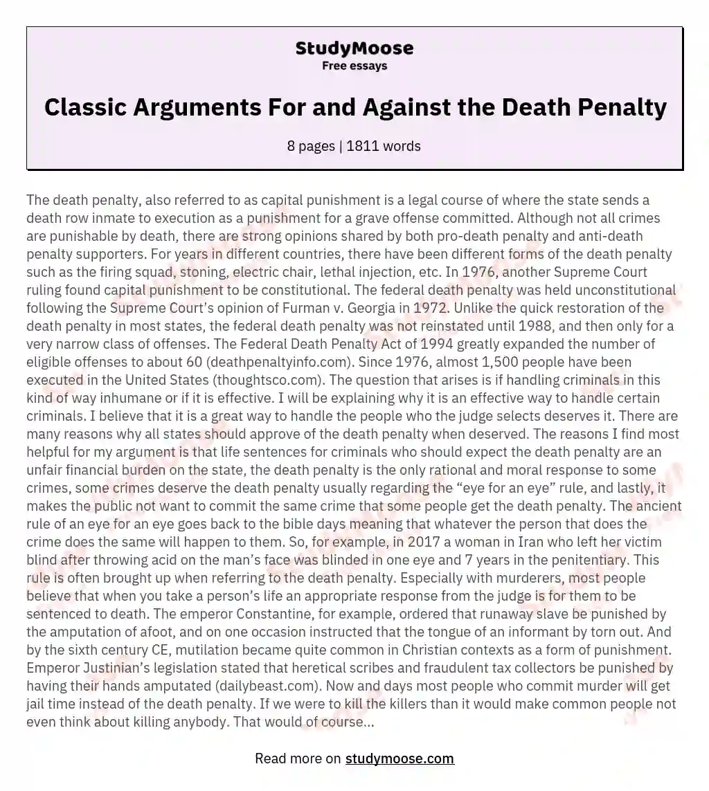 Classic Arguments For and Against the Death Penalty essay