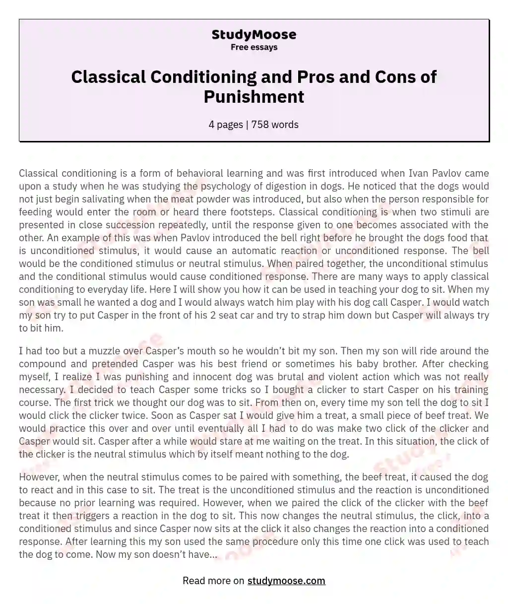 Classical Conditioning and Pros and Cons of Punishment