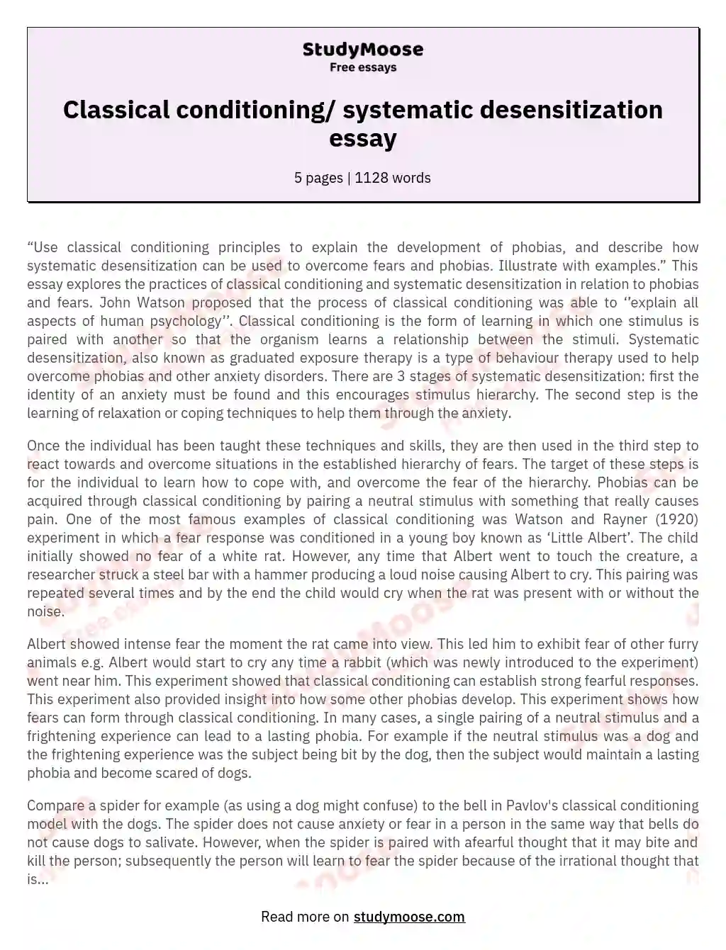 Classical conditioning/ systematic desensitization essay essay