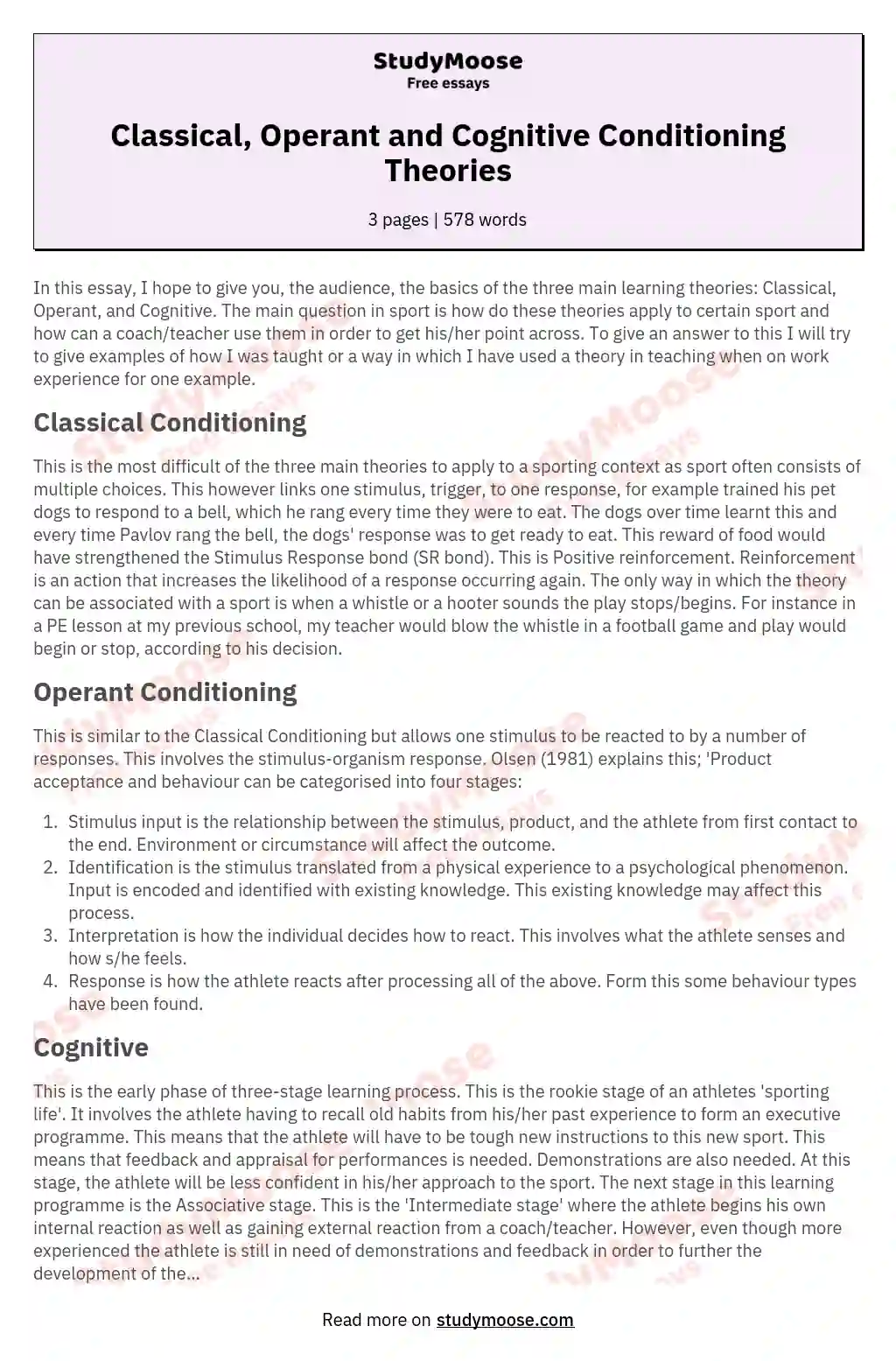 Classical, Operant and Cognitive Conditioning Theories essay