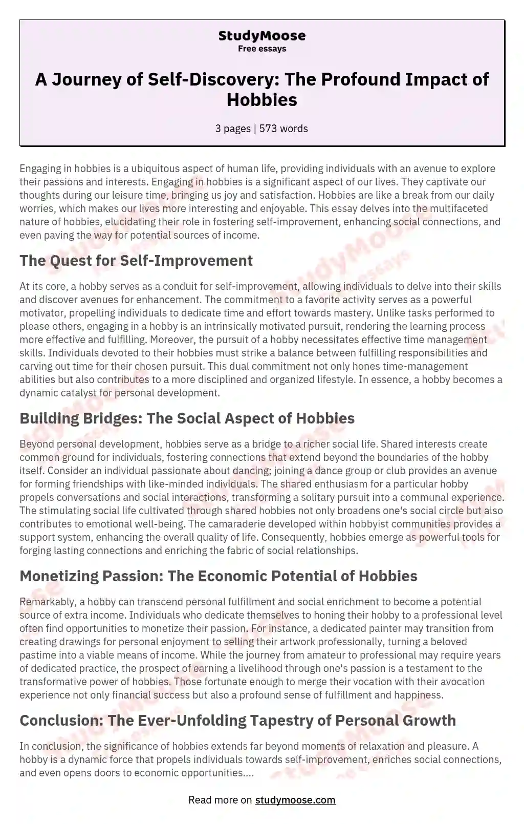 A Journey of Self-Discovery: The Profound Impact of Hobbies essay